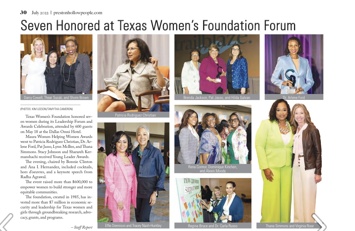 Regina Bruce & Dr. Carla Russo, co-founders of Lone Star Monarchs, supporting Texas Women’s Foundation Forum, Page 30